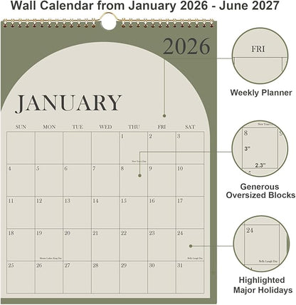 Large Calendar 2026 with Spiral Bound - 18 Month Big Calendar from January 2026 to June 2027, Vertical Large Monthly Calendario 2026 for Wall, 22" x 17", Green