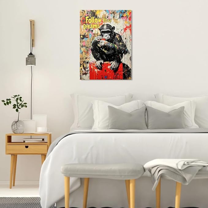 Ypxzzj Banksy Street Graffiti Monkey Canvas Wall Art for Living Room,Follow Your Dreams Animal Picture Prints Canvas Artworks,Doodle Monkey for Wall Decor Framed Ready to Hang