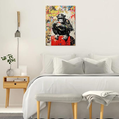 Ypxzzj Banksy Street Graffiti Monkey Canvas Wall Art for Living Room,Follow Your Dreams Animal Picture Prints Canvas Artworks,Doodle Monkey for Wall Decor Framed Ready to Hang