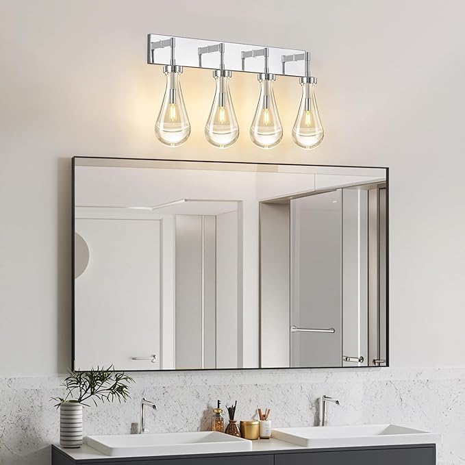 Raindrop Wall Sconces Chrome Crystal Sconces Wall Decor Modern Lighting Glass Bathroom Sconces Indoor Vanity Light Wall Lamp for Bedroom Living Room Stair(4-Light)