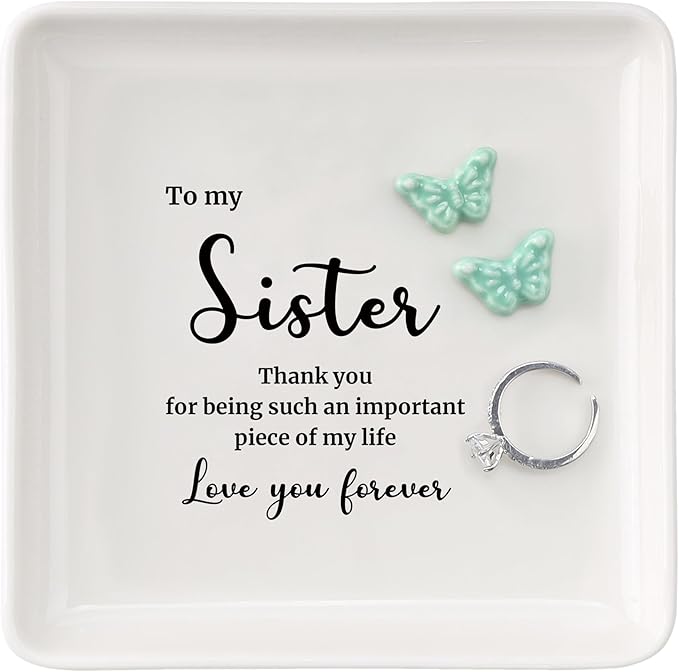 HOME SMILE Sister Gift from Sister Brother-Butterfly Ring Dish Jewelry Tray-Present Gifts for Sister Birthday Christmas Thanksgiving Wedding-Thank You for Being Such An Important Piece