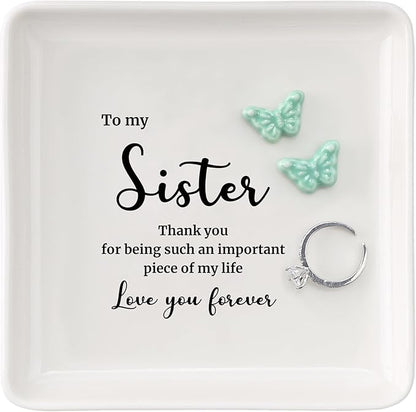 HOME SMILE Sister Gift from Sister Brother-Butterfly Ring Dish Jewelry Tray-Present Gifts for Sister Birthday Christmas Thanksgiving Wedding-Thank You for Being Such An Important Piece