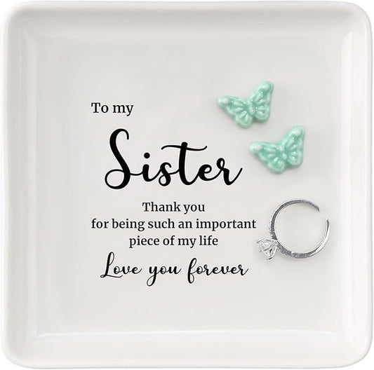 HOME SMILE Sister Gift from Sister Brother-Butterfly Ring Dish Jewelry Tray-Present Gifts for Sister Birthday Christmas Thanksgiving Wedding-Thank You for Being Such An Important Piece