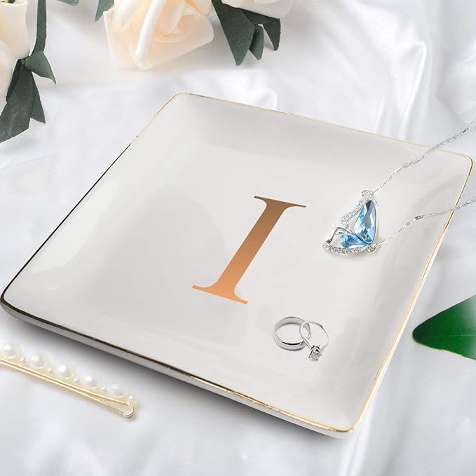 ANOTION Jewelry Tray Ring Dish with Ini-tial Gift- Personalized Trinket Dish and Jewelry Dish with Gold Initials Key Bowl Ceramic Holder, Unique Wedding or Engagement Present