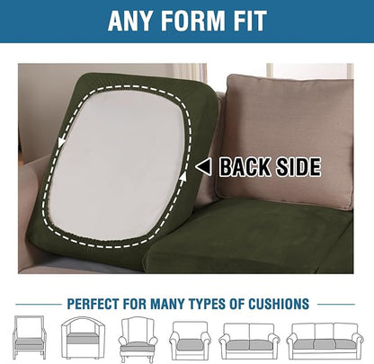 H.VERSAILTEX Velvet Stretch Couch Cushion Cover Plush Cushion Slipcover for Chair Loveseat Sofa Cushion Furniture Protector Seat Cushion Sofa Cover (2 Piece Large Sofa Cushion Covers, Olive)