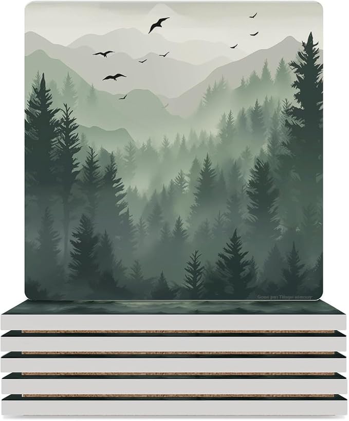 Forest Drink Coasters,Square Ceramic Drink Coaster 6PCS, Watercolor Green Forest Flying Birds Nature Mountain Tree Woodland Decor Absorbent Ceramic Coasters for Beverage Cup, Bar, Coffee Table