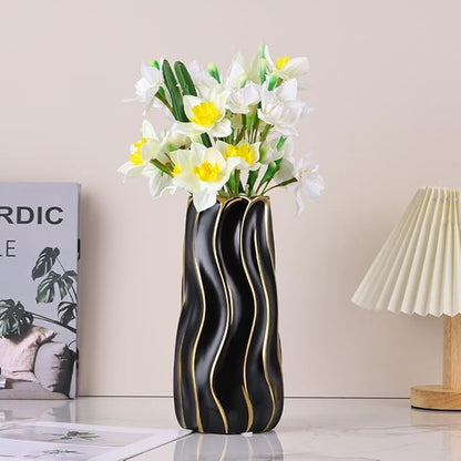 11.5" Black Ceramic Vase - Minimalist Black and Gold Flower Vase, Large Pampas Grass Vase, Boho Decorative Centerpiece Vase for Home Decor, Wedding, Housewarming, Table, Shelf, Mantel, and Entryway