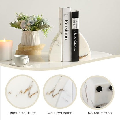Koville Marble Bookends for Shelves, Large Bookends for Heavy Books, Natural Stone Book Stopper for Books CD Movies, Aesthetic Decorative Book Ends (Oriental Calacatta)