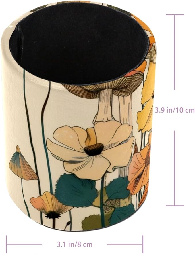 Pen Cup Holder for Desk, Large Pencil Holder, Aesthetic Mushroom Vintage Beige Colorful Flowers Desk Stationery Storage Organizer Makeup Brush Holder for Home Office School