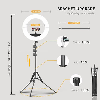 55W18 45cm Ring Light Kit [New Version] 6700K Dimmable LEDRinglightTripod Stand Dual Phone Holder for iPhone Selfie Makeup LashTattoo Studio Lighting Painting,Photo Video Recording (White)