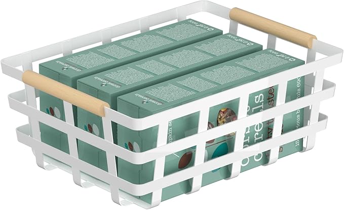 X-Large Farmhouse Wire Metal Baskets Storage Organizer Farmhouse Storage Bin Basket with Wood Handles for Pantry Cabinets Rustic Kitchen Counter Closet- White