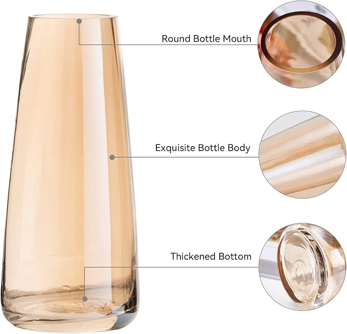 Ekirlin Modern Glass Vase, 8.7 inch Irised Crystal Clear Glass Vase, Thickened Hand Blow Flower Vase Round Bottles for Home Decor, Bookshelf, Room, Office Decor (Crystal Amber)