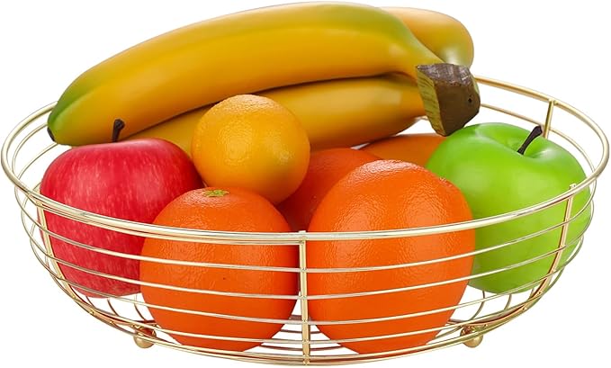 IBWell® Gold Fruit Bowl for Kichen Countertop, Round Wire Fruits Breads Vegetables Snacks Canddy Basket - 11.5"x3.4"(DxH)