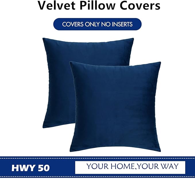 HWY 50 Navy Blue Velvet Throw Pillow Covers 18x18 Inch, Pack of 2 Soft Cozy Solid Decorative Luxury Cushion Cases for Couch Sofa Bed Living Room Bedroom