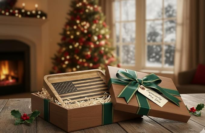 American Flag Valet Tray – Acacia Wood Catch All, EDC Tray – Every Day Carry Bedside Holder, Dump Tray EDC Organizer, Nightstand Organizer, Decorative Key Holder, 11 x 7.75 x 1 inches