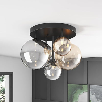 Aiwen 5-Light 17.71 in Black Semi Flush Mount Ceiling Light, Modern Ceiling Chandeliers with Globe Glass Shade, Farmhouse Ceiling Light Fixture, Cluster Chandelier for Bedroom