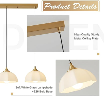 Modern 3 Light Pendant Lighting Gold Linear Dining Room Light Fixture Milk Glass Linear Chandelier Brass and White Pendant Lights Kitchen Island 3 Bulb Hanging Ceiling Light MPL17-3S GD