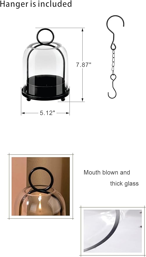 5"x7.5" Versatile Modern Metal Hurricane Lantern with Handmade Sturdy Glass Dome in Black for 3" Pillar Candle & Plants, Industrial, Farmhouse
