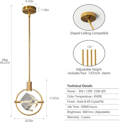 Modern Crystal Pendant Light in Gold Brushed Brass Finish Mini LED Light Fixtures Metal Rod Ceiling Gold Chandelier for Kitchen Island Bedroom Dining Room Bar(1-Lights)