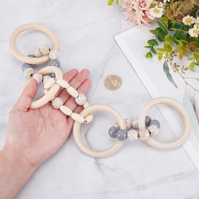WADORN Wood Pendants Chain Link Decor 7 Link Natural Wood Knot Beads Garland Set Boho Rustic Farmhouse Elegant Decorative Wooden Knot Chain for Living Room Desk Table Fireplace Entryway Bookshelf