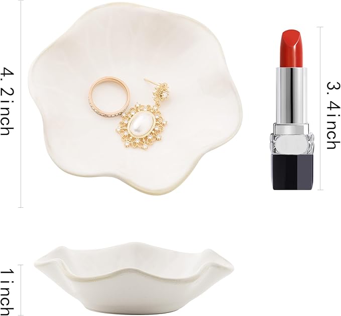 Ceramic Ring Dish, Jewelry Dish Holder, Small Trinket Tray Plate for Earrings Rings Necklaces Keys, for Mom Friend Sister (White Surface)