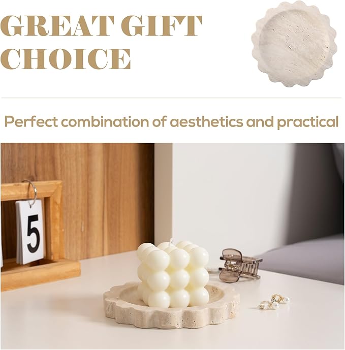 Koville 5.51" Travertine Tray, Round Stone Jewelry Dish for Ring Necklace Earring Perfume, Natural Marble Tray for Countertop Bathroom Kitchen Dresser, Beige Decorative Tray