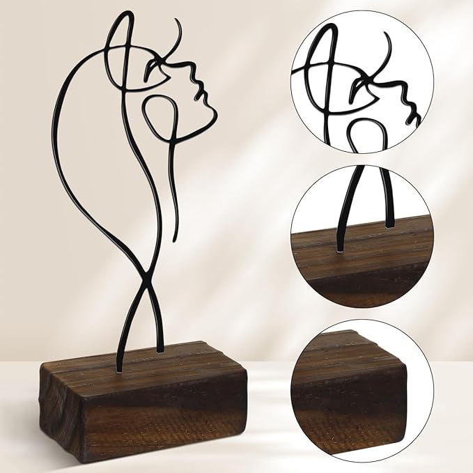 Amosfun Black Wrought Iron Female Line Sculpture with Wooden Base 8.66X4.25X2 Inch Minimalist Modern Character Art Ornament for Home and Office Desk D Cor