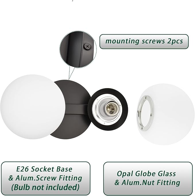 Black Bathroom Vanity Light Fixtures, Modern 2 Lights Globe Wall Sconce Lighting, Porch Wall Mount Light Fixture for Bathroom, Mirror Cabinets Hallway Stairs (Matte Black, 2-Light)