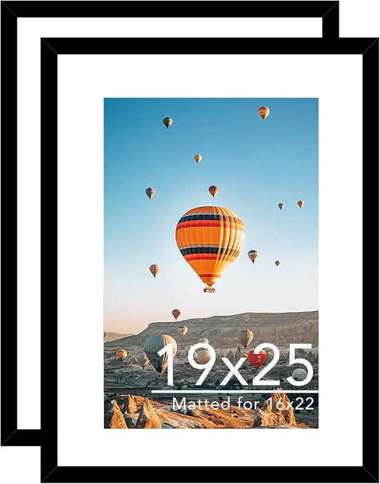 19x25 Picture Frame with 16x22 Mat Set of 2, Display Photo 16x22 with Mat or 19 x 25 Without Mat, Wall Hanging Large 19 by 25 Poster Frame with Plexiglass, 2 Pack, Black