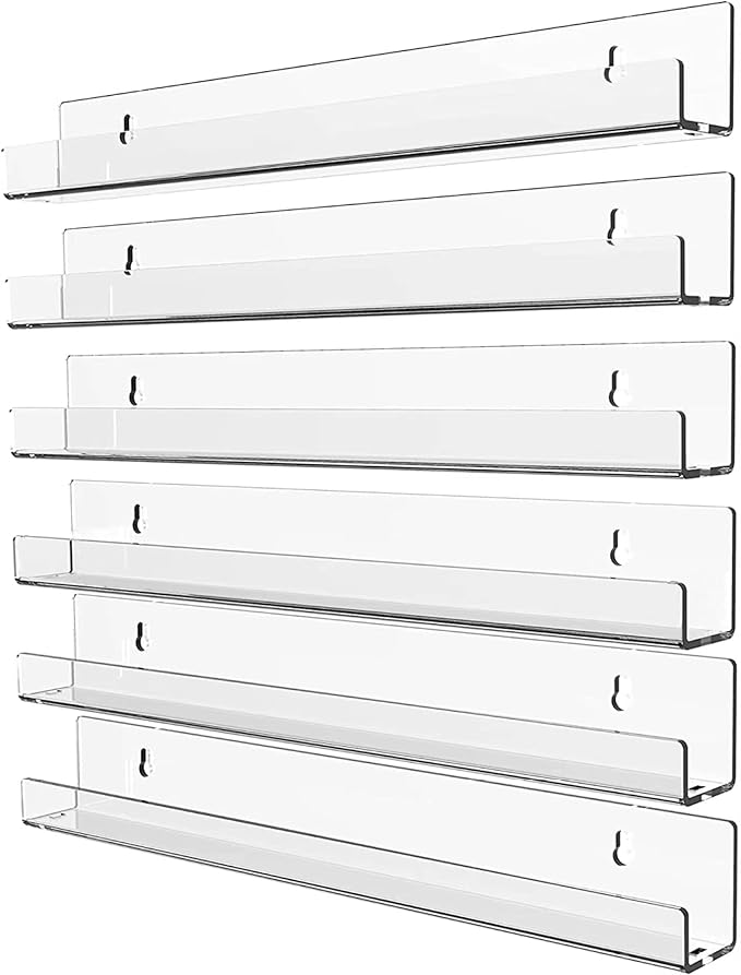 KLGO 15 Inch Invisible Acrylic Floating Wall Ledge Shelf,Wall Mounted Nursery Kids Bookshelf, Invisible Spice Rack, Clear 5MM Thick Bathroom Storage Shelves Display Organizer,Transparent (6 Pack)