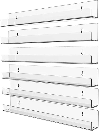 KLGO 15 Inch Invisible Acrylic Floating Wall Ledge Shelf,Wall Mounted Nursery Kids Bookshelf, Invisible Spice Rack, Clear 5MM Thick Bathroom Storage Shelves Display Organizer,Transparent (6 Pack)
