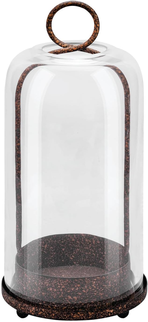 12" High Versatile Modern Metal Hurricane Lantern with Handmade Sturdy Glass Dome in Rustic Brown for Pillar Candle & Plants, Industrial, Farmhouse, Shabby Chic (Brown, 5"x12")