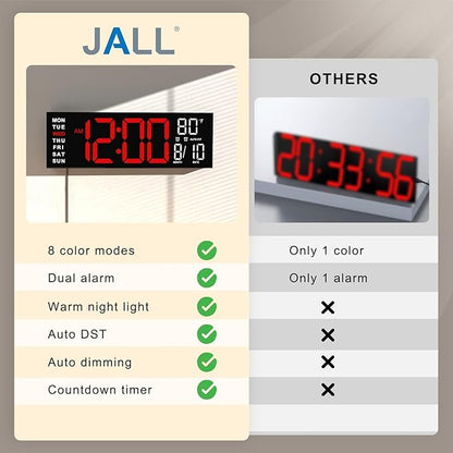 JALL 16" Large Digital Wall Mount Clock, Count Down Timer, Alarm, Big LED, RGB Color, DST, Temperature for Living Room Classroom Desk, Xmas, Birthday Gift for Senior Mom Dad (Red White, 16 inches)