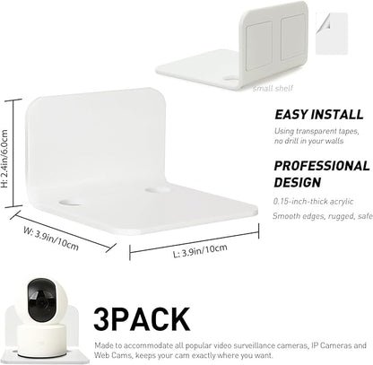 OAPRIRE White Floating Wall Shelves Set of 3 for Security Cameras, Baby Monitors, Speakers & More - Universal Acrylic Small Wall Shelf with Cable Clips, 10-Piece Strong Tapes, No Drill