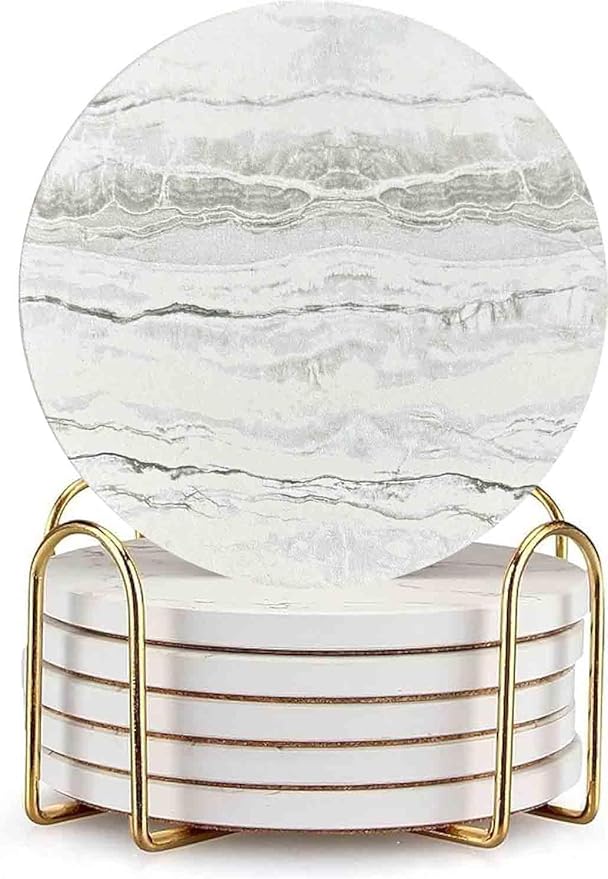 Drink Coasters with Holder 6 Pack, Ceramic Marble Style, Absorbent Abstract Coasters Set, 4in Cup Mat for Any Cups, Home, Living Room Decor, Tabletop-Protection for Coffee Beverage-Beige
