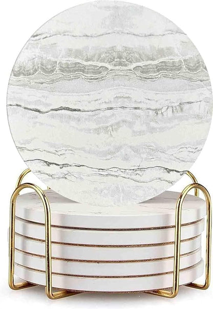 Drink Coasters with Holder 6 Pack, Ceramic Marble Style, Absorbent Abstract Coasters Set, 4in Cup Mat for Any Cups, Home, Living Room Decor, Tabletop-Protection for Coffee Beverage-Beige