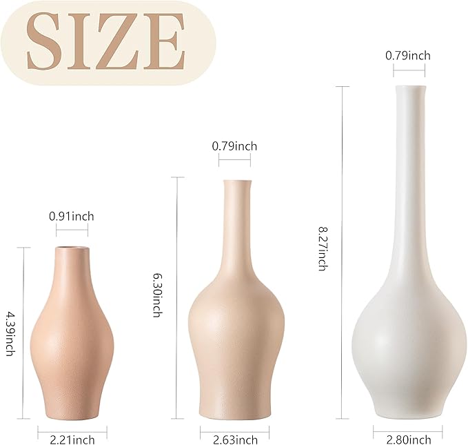 ZENS Ceramic Bud Vase Set of 3, Small Matte Grainy Bud Flower Vases for Bohoshelf Decor, Mini Rustic Boho Vase for Dried Flowers, Room Décor Centerpiece