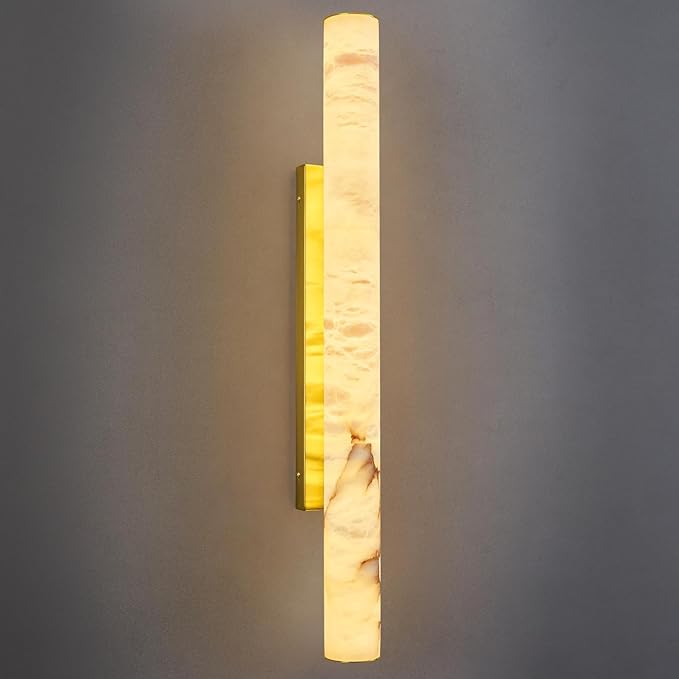 LMQNINE Natural Alabaster Wall Sconces Spanish Marble Wall Light Cylinder Modern Gold LED Sconce for Living Room Bedroom Bathroom Stairs（L-1Pack）