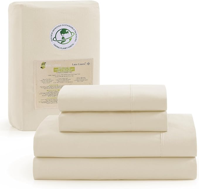 LANE LINEN 100% Organic Cotton Twin XL Sheets Set, 3-Piece Pure Organic Cotton Percale Sheets, Cotton Bedsheets, Ultra Soft Bedding Sheets, Breathable, Fits Mattress Upto 15" Deep - Natural