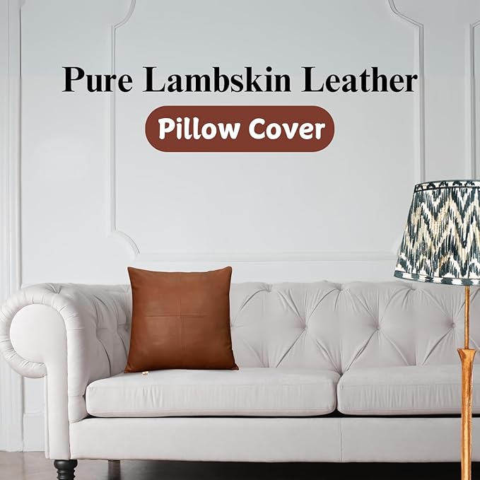 Lambskin Leather Pillow Cover - Sofa Cushion Case - Decorative Throw Covers for Living Room & Bedroom, 20x20 Inches - Camel Antique Plain Pack of 1