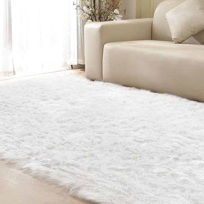 Shag Plush Rug 8x10 Area Rugs for Bedroom White Fluffy Living Room Rug Large Washable Faux Sheepskin Furry Fur Rugs for Nursery