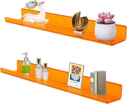 ROYALITA 24 Inches Acrylic Floating Book Shelves Wall Mounted Set of 2, Wall Hanging Plant Display Shelves, Room Decor Floating Wall Shelves for Gaming Room, Bedroom, Living Room, Office, Orange