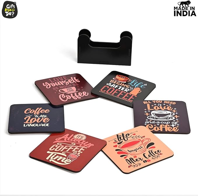GKD Wooden Coasters for Drinks, Motivational MDF Wooden Coasters Set of 6 with Holder, 3.8 inches Eco-Friendly Absorbent Coaster for Coffee Table, Office, Bar, Drinking Glasses, Tabletop Protection