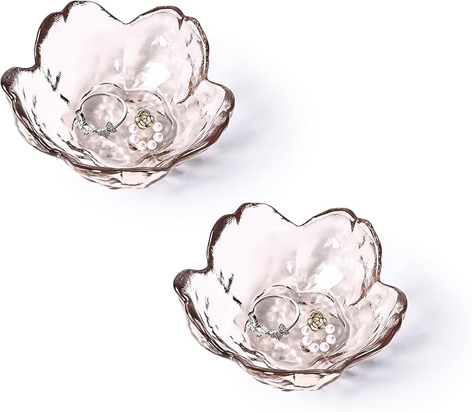 Koythin 2-Piece Glass Jewelry Tray, Mini Ring Dish for Necklace Earring Bracelet, Cute Trinket Tray for Engagement Vanity Bathroom, Crystal Floral Aesthetic Room Decor for Women Girl Mom (Light Pink)