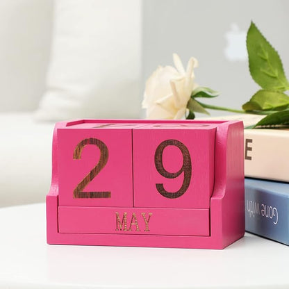 Block Calendar,Wooden Perpetual Blocks,Small Desk Decor for Office Desktop Vintage Month Date Number Cubes Display Home Chic Rustic Decoration(Hot Pink)