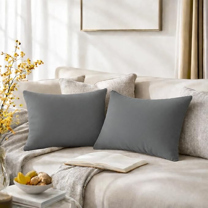 QUORGVES Dark Grey Velvet Pillow Covers 12x20 Inch Set of 2, Soft Solid Decorative Lumbar Throw Pillow Covers, Decor Cushion Covers for Bed Sofa Couch Bedroom Living Room - Dark Gray