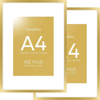 Homeforia A4 Gold Picture Frame, High End Metal 8.3 x 11.7 Frames for Wall or Tabletop, Gold A4 Certificate Frame with Mat A5, 8.3x11.7 Frames Matted to 5.8x8.3 Art, Tempered Glass, Wall Kit, Set of 2
