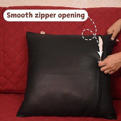 Lambskin Leather Pillow Cover - Sofa Cushion Case - Decorative Throw Covers for Living Room & Bedroom, 18x18 Inches - Black (01) Pack of 1