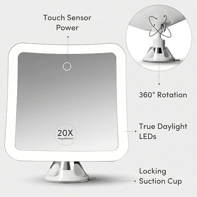 Fancii 20x Magnifying Makeup Mirror with LED Lights, Rechargeable, High Zoom | 7-inch Large Lighted Travel Mirror for Vanity and Bathroom, Dimmable, 3 Light Settings, Strong Suction, 360° Rotation
