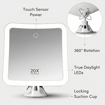 Fancii 20x Magnifying Makeup Mirror with LED Lights, Rechargeable, High Zoom | 7-inch Large Lighted Travel Mirror for Vanity and Bathroom, Dimmable, 3 Light Settings, Strong Suction, 360° Rotation